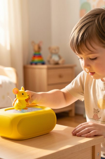 Un garçon de cinq ans pose délicatement une petite figurine jaune en forme de souris électrique sur une enceinte audio jaune sans écran, dans une chambre d’enfant lumineuse.