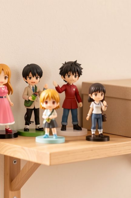 Petite collection de figurines inspirées des mangas, organisée sur une étagère murale dans un espace réduit.
