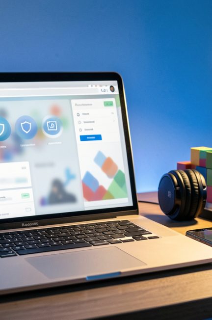 Espace de travail avec un ordinateur portable affichant une interface abstraite de sécurité et de modération, un smartphone, un casque audio et des cubes colorés évoquant un serveur de jeu.