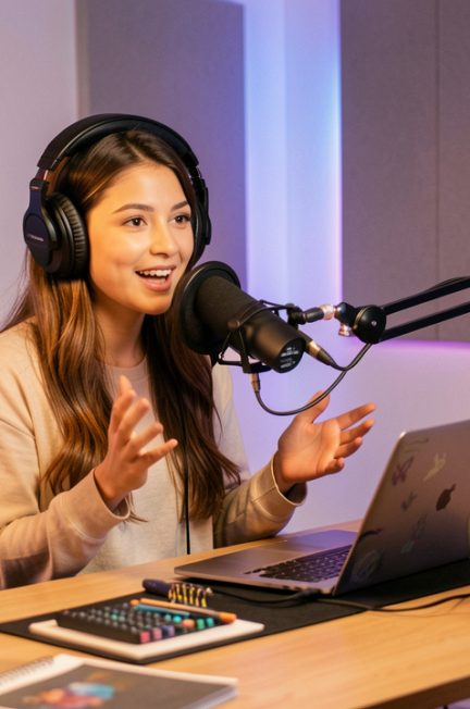 Une jeune femme anime un direct dans un studio soigneusement aménagé, face à une petite audience attentive, avec microphone, caméra et éclairage coloré.