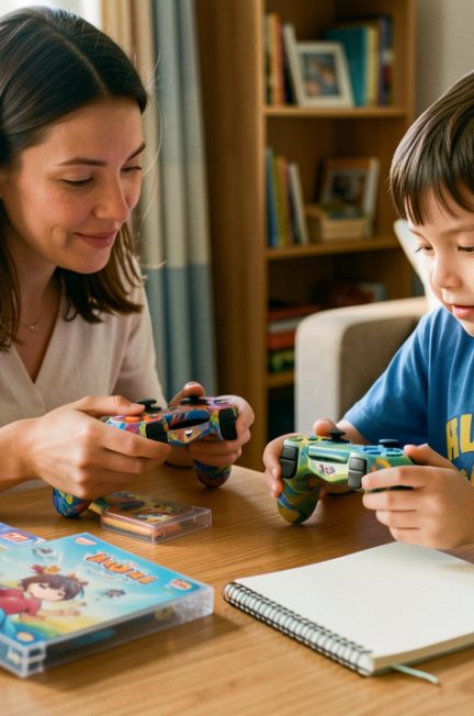 Une mère et un garçon d’âge scolaire comparent une manette colorée et des boîtiers de jeux vidéo génériques sur un bureau, dans une ambiance familiale et lumineuse.