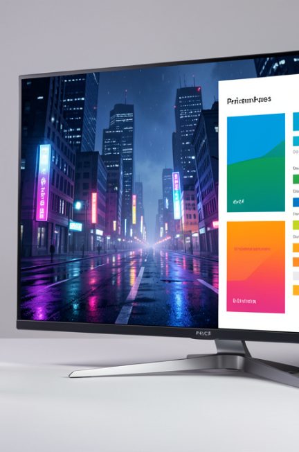 Console de jeu vidéo blanche devant une télévision montrant une ambiance urbaine nocturne fictive, avec des boîtiers de jeux sans marquage et une interface visuelle abstraite de comparaison des prix.