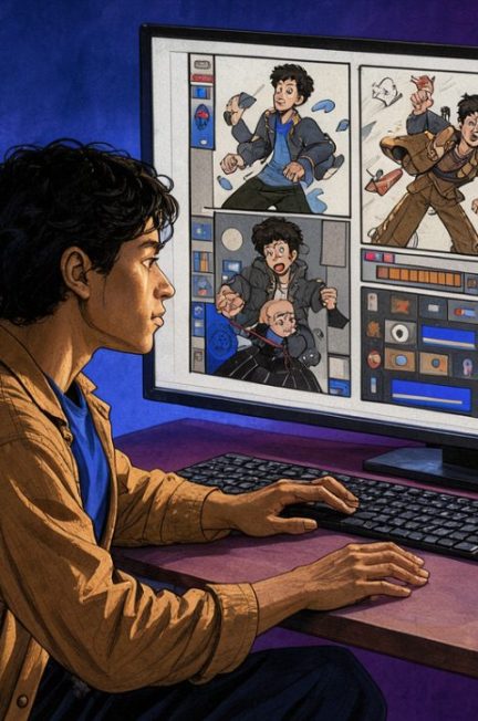 Illustration éditoriale montrant un jeune homme face à un écran lumineux partagé entre des planches dessinées, des personnages animés stylisés et des formes abstraites évoquant une interface de jeu vidéo.